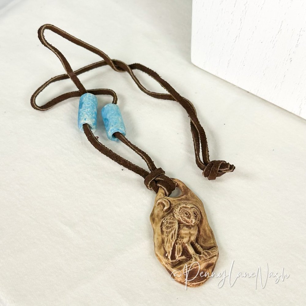 Vintage Owl Stone Etched on Burlap w/ Blue Stones Necklace - Picture 6 of 6